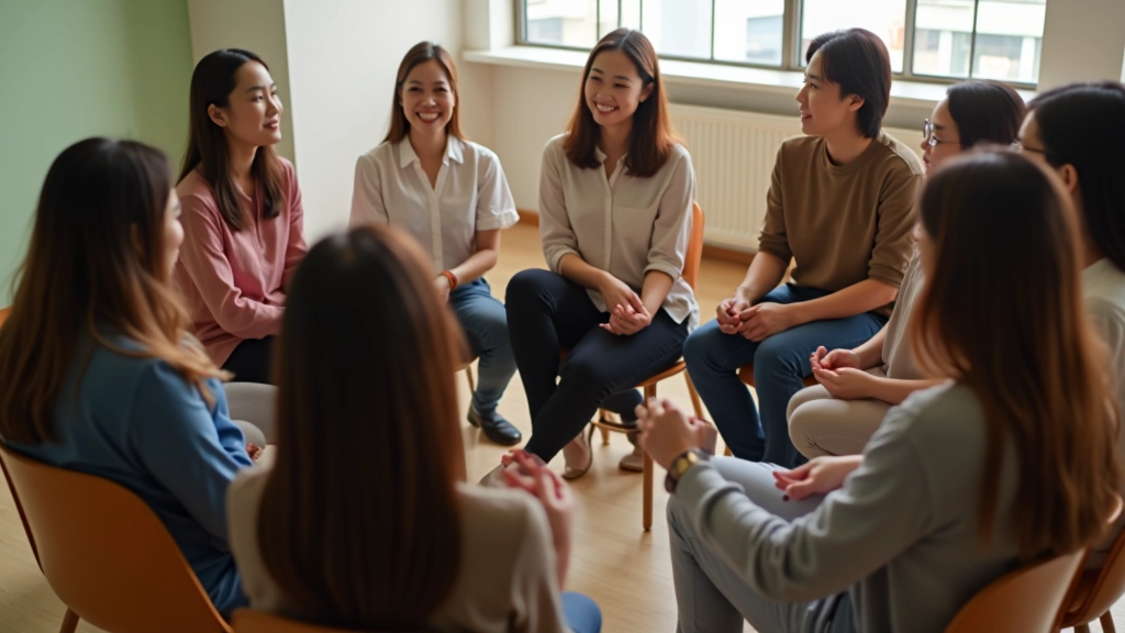 Group of diverse people sitting in a circle during a workshop discussion, taking notes and engaging actively