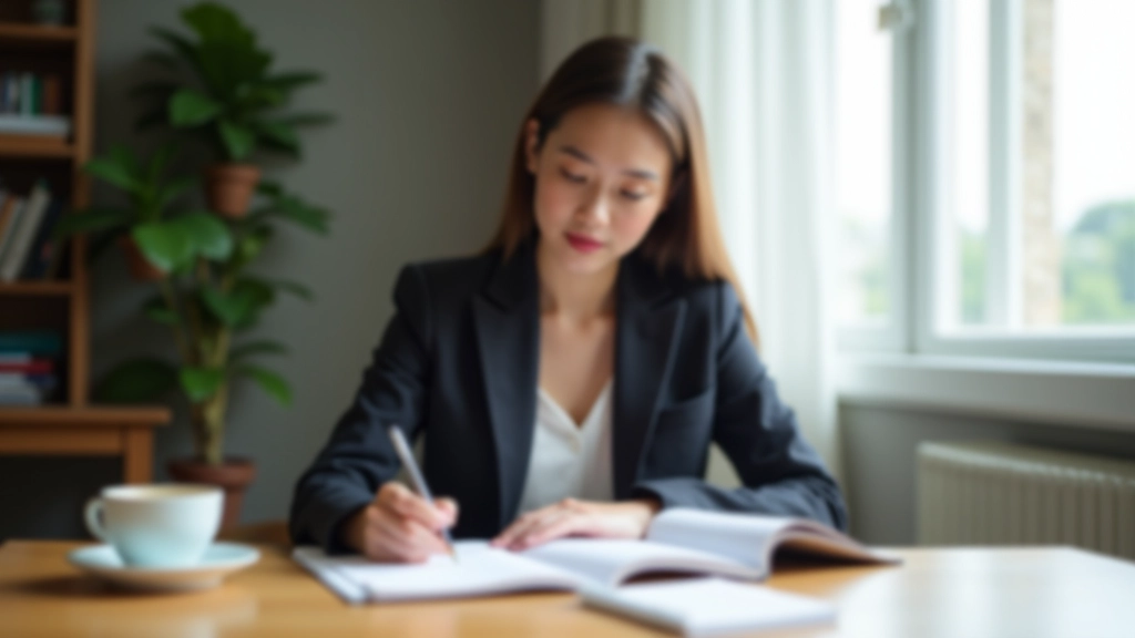 Woman writing notes in a planner at her desk with natural light streaming through the window